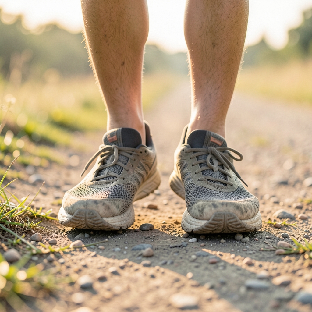 Close-up of a runner's feet in running shoes on a dirt trail at early morning light.
