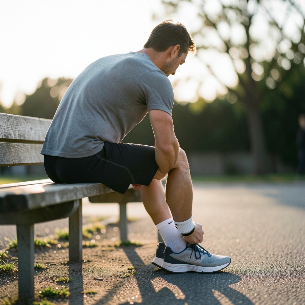 A larger adult man tying running shoe laces on a park bench at dawn, photographed from behind.