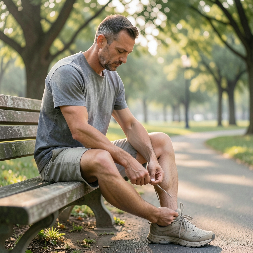 A larger man sits on a park bench at dawn, lacing up running shoes beside a quiet tree-lined path.