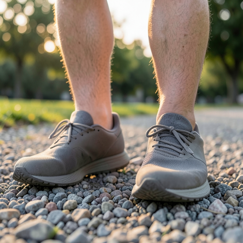 Close-up of a heavier man's feet in plain running shoes on a gravel park path at sunrise.