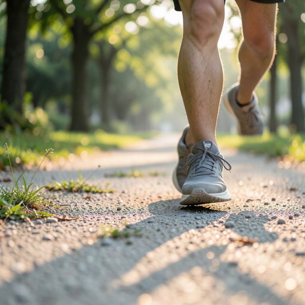 Close-up of a runner's feet in running shoes on a quiet park path at early morning, with soft natural light.