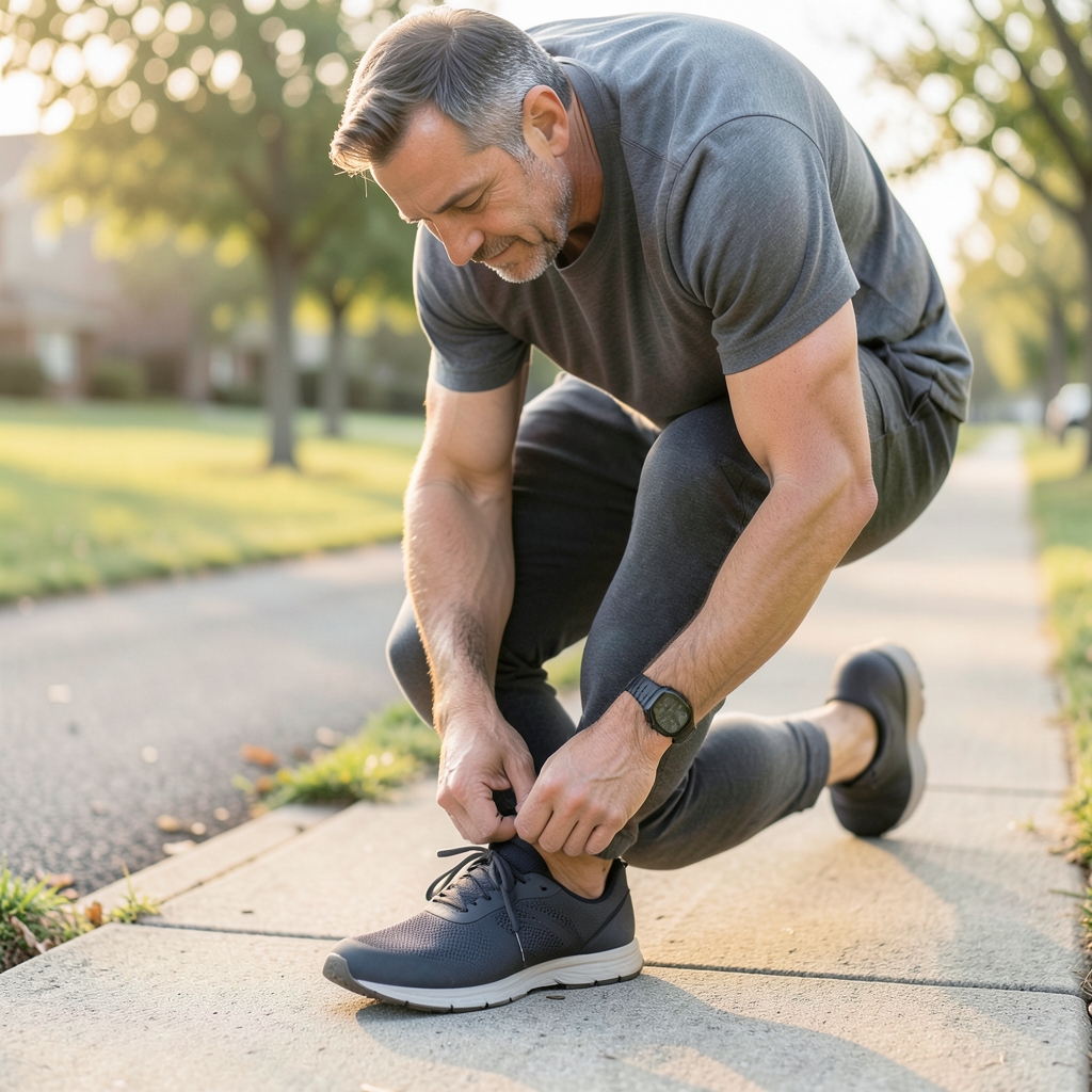 A larger built man laces up dark running shoes on a quiet morning sidewalk beside a park path.
