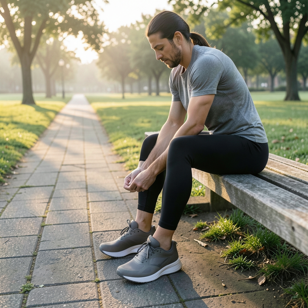 A runner sitting on a park bench at dawn, tying running shoe laces on a paved path in soft morning light.