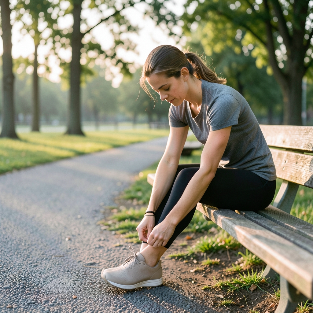 A woman laces running shoes on a park bench beside a gravel path at sunrise, with trees behind her.