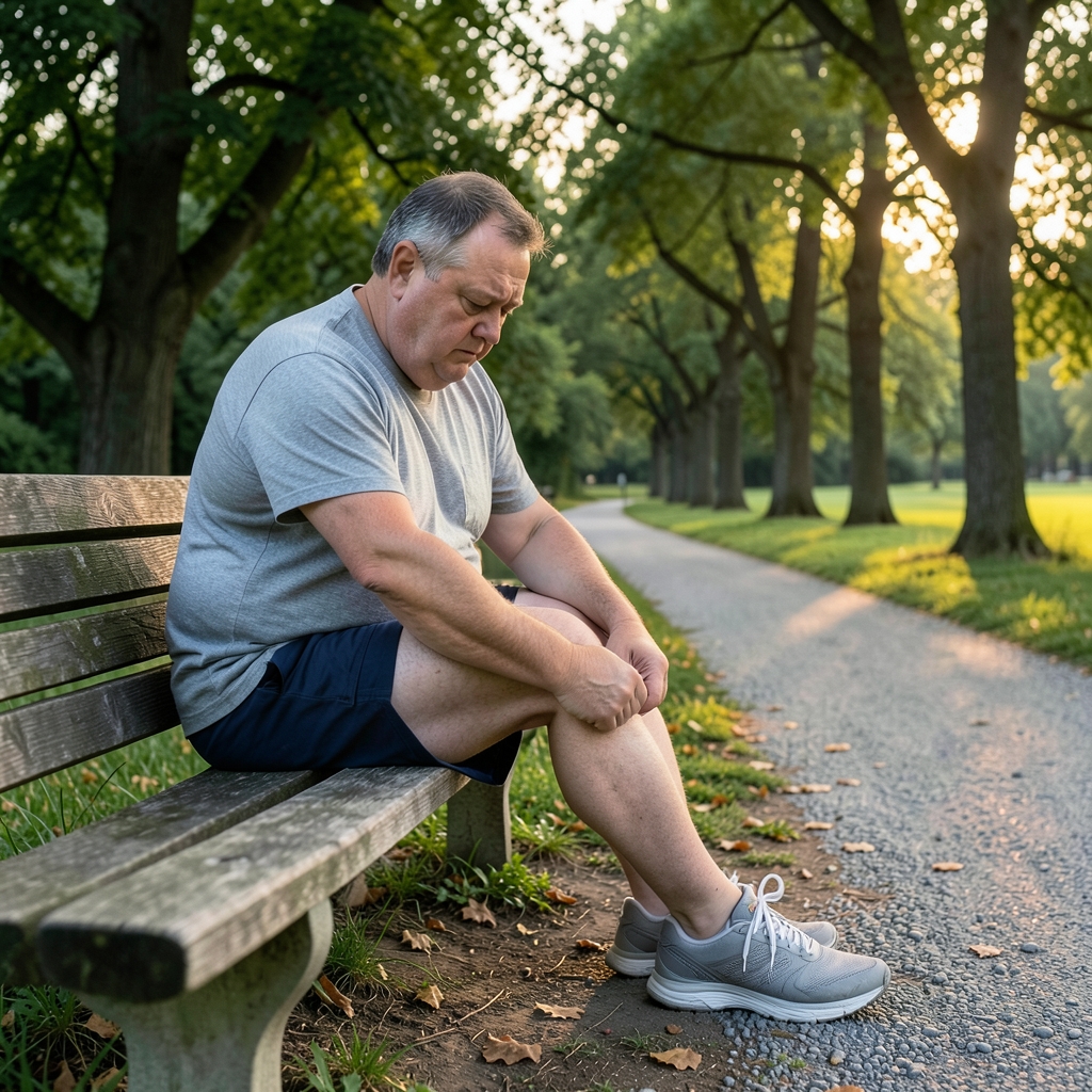 A man in his thirties laces up plain running shoes on a park bench at sunrise, with a gravel path and trees behind him.