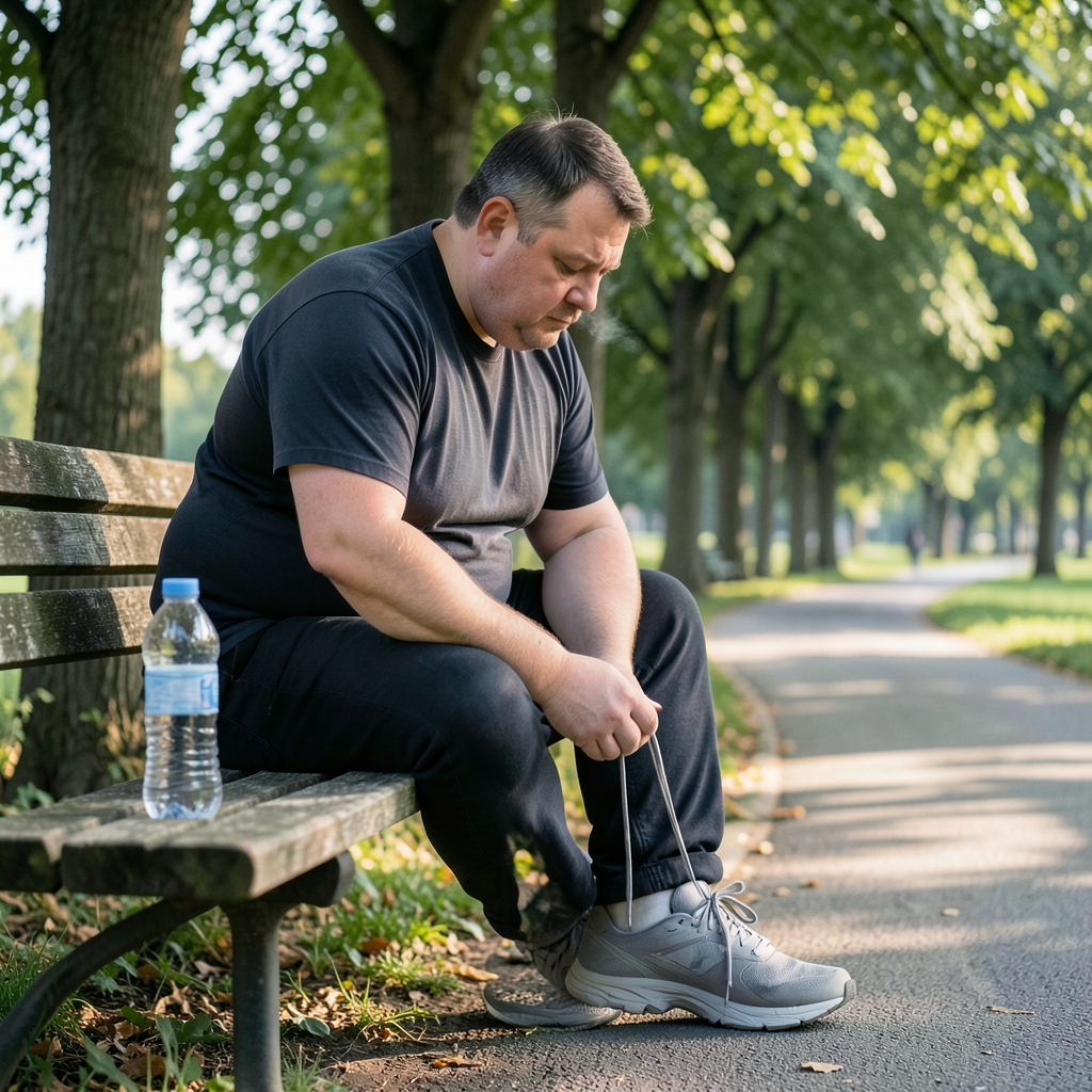 A man lacing running shoes on a park bench beside a paved path in soft morning light.