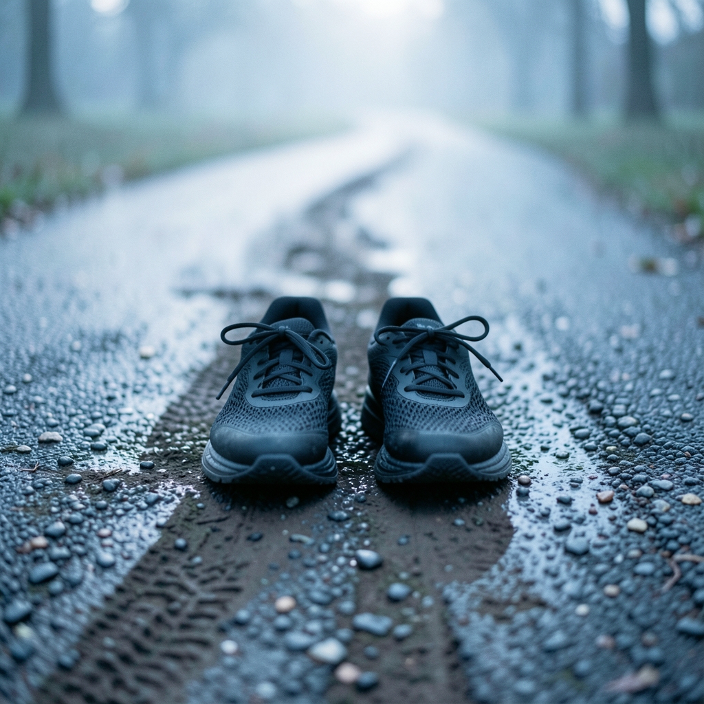 Black running shoes laced up on a damp park path at dawn, ready for a morning run.