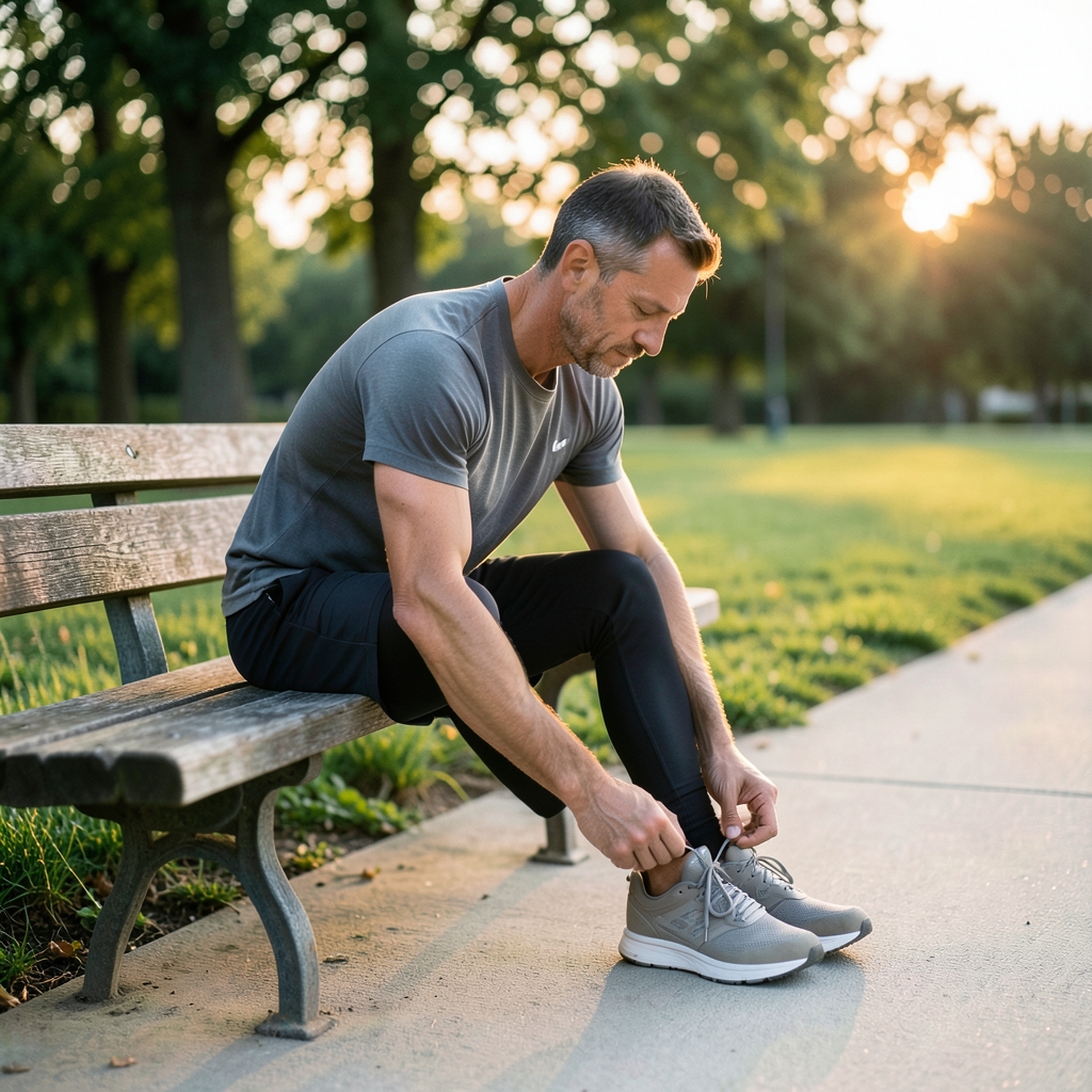 A larger man in plain athletic clothes tying running shoes on a park bench at dawn beside a paved path.
