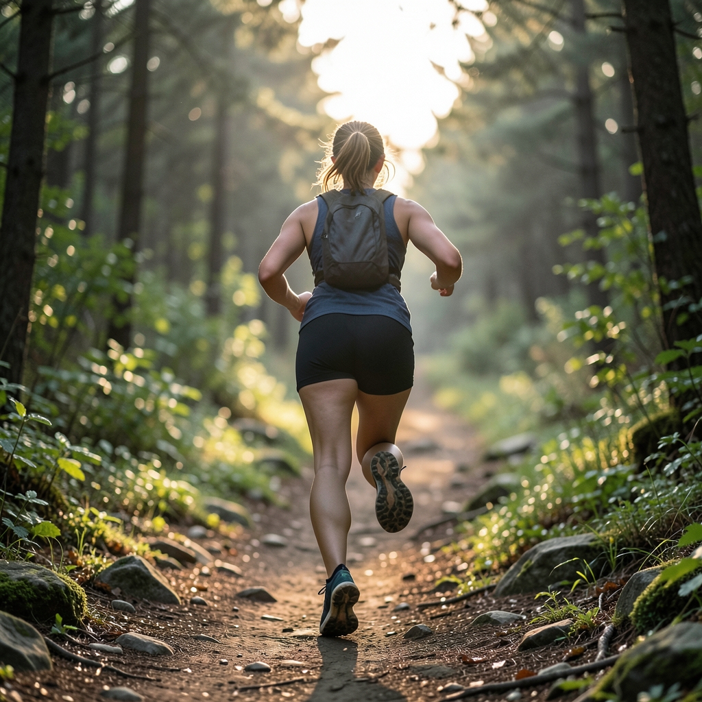 Woman trail runner seen from behind on a forest dirt path in morning light, with rocks and leaves around her running shoes.