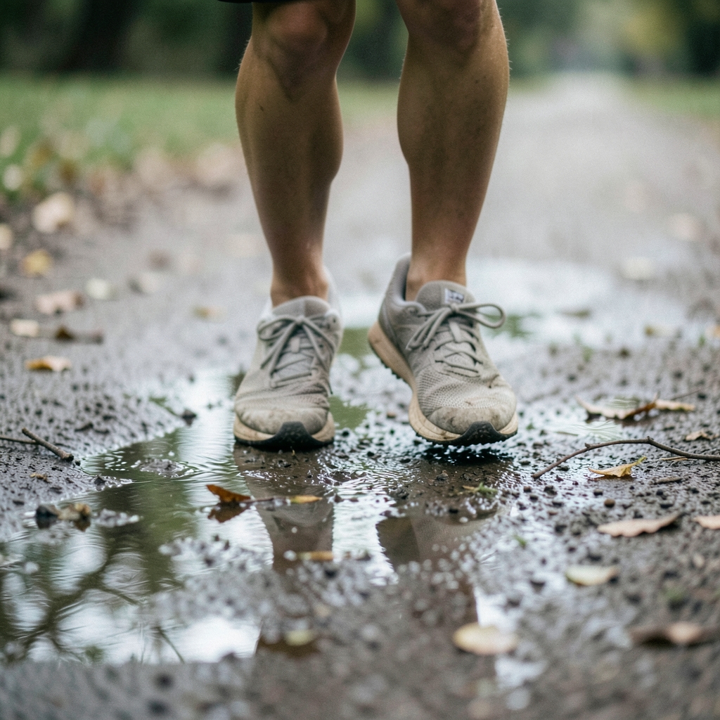 Runner's feet in neutral running shoes on a damp park path at early morning light.