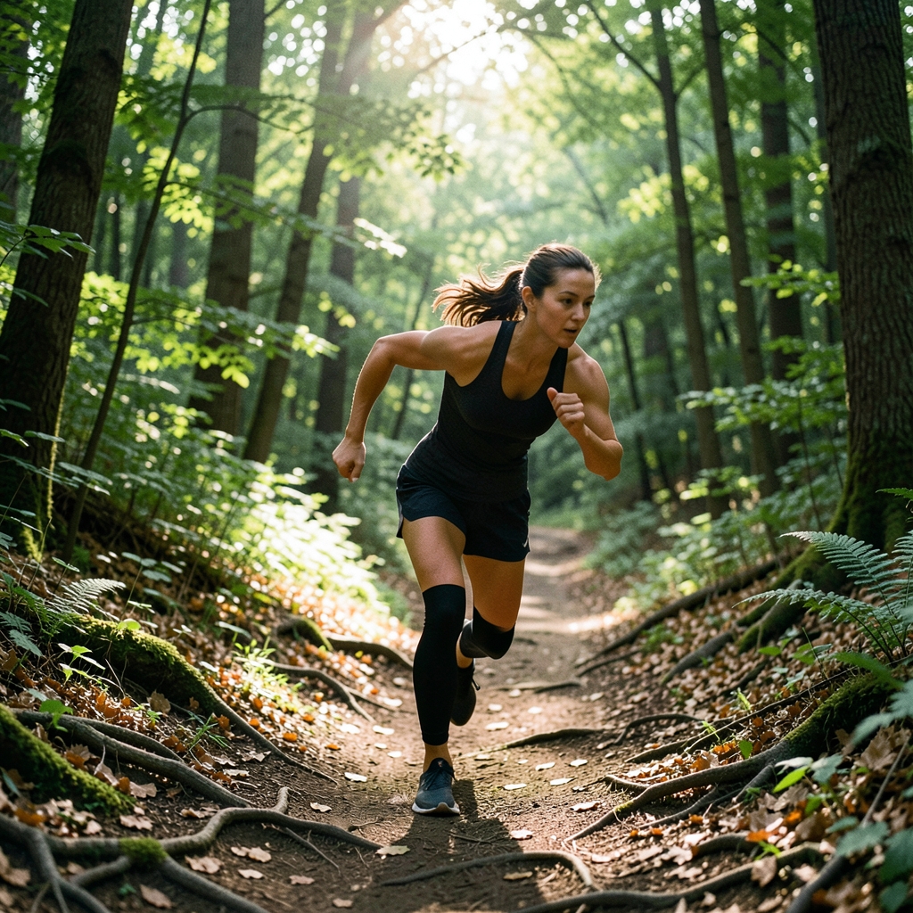 A woman running on a forest dirt trail in morning light, feet mid-stride on packed earth with roots and leaves around her.