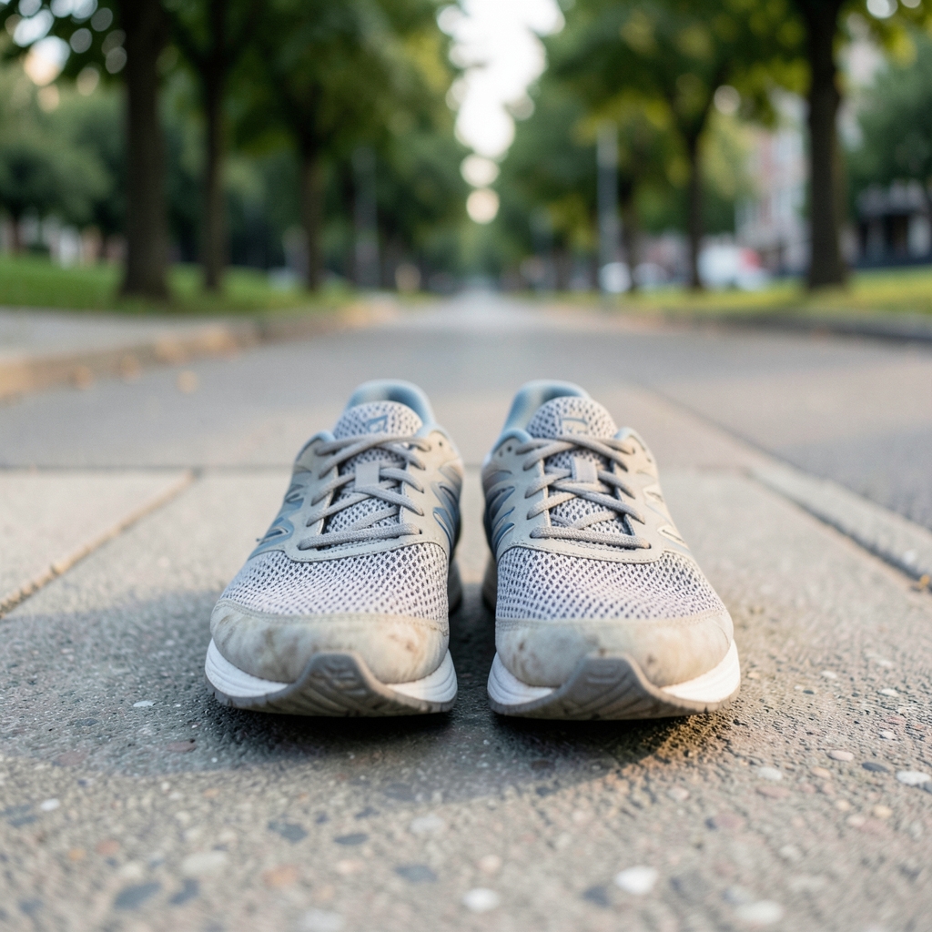 A pair of neutral grey and blue mesh running shoes resting on a concrete sidewalk in soft morning light, with a blurred park path and trees behind.
