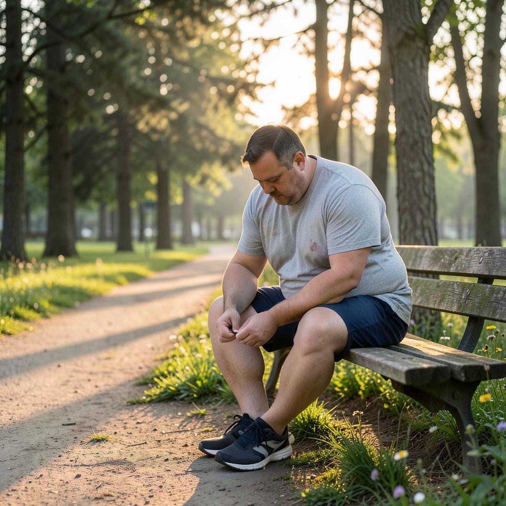 A man in athletic clothes tying running shoe laces on a park bench beside a tree-lined path in soft morning light.
