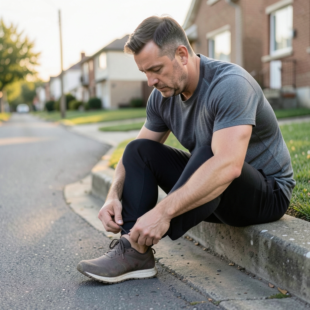 Man sitting on a curb at dawn lacing running shoes on a quiet street, shoes in sharp focus, soft daylight.