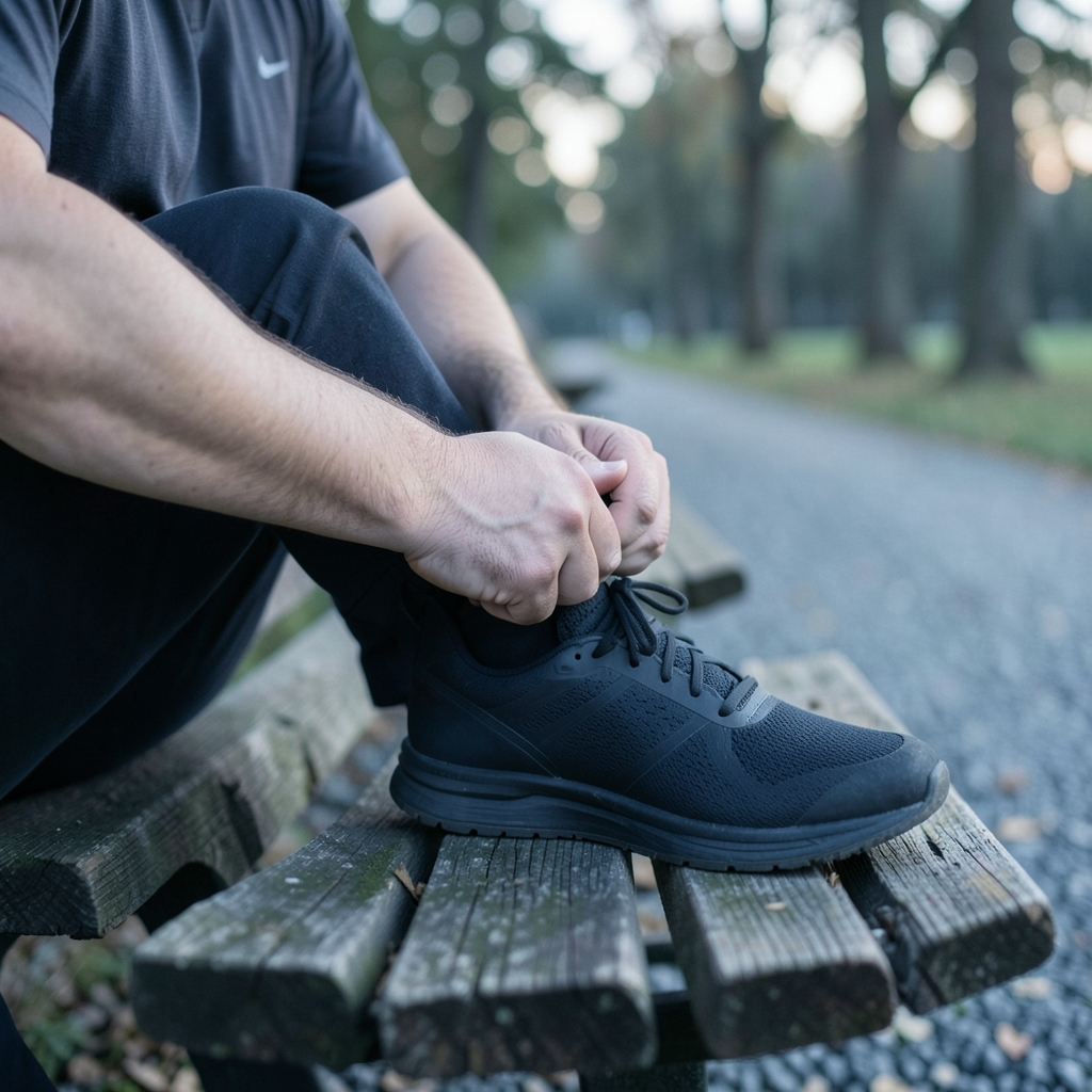Close view of hands lacing a running shoe on a park bench at dawn, with a gravel path and trees softly blurred behind.