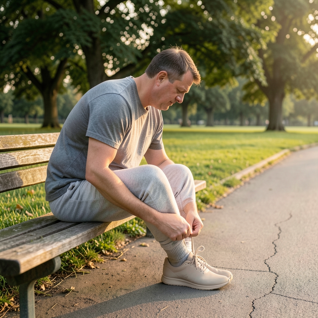 A heavier adult man laces up plain running shoes on a park bench beside a paved path in soft morning light.