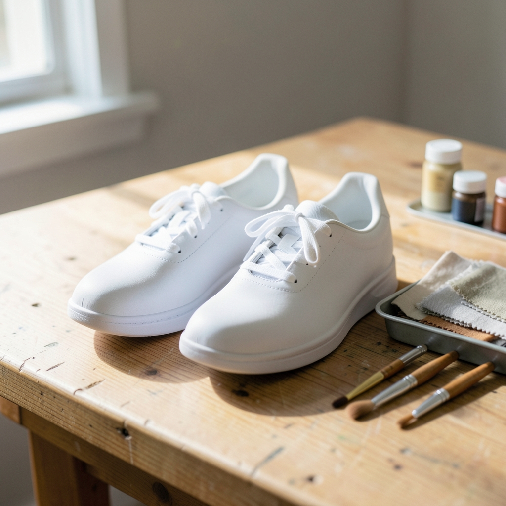 Pair of plain white running shoes on a wooden workbench beside paint pots, brushes and fabric swatches, ready for custom design work in soft window l