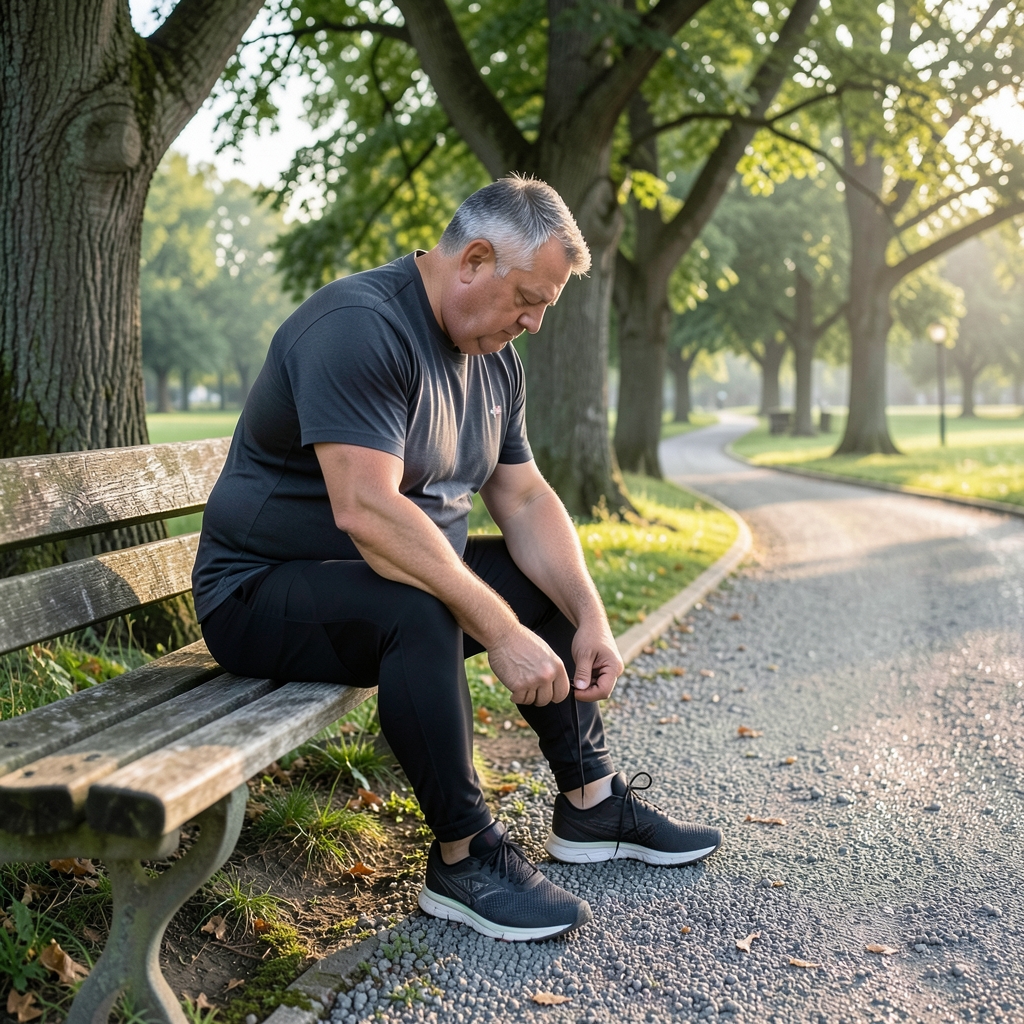 A man in his forties sits on a park bench at dawn, lacing running shoes on a tree-lined gravel path.
