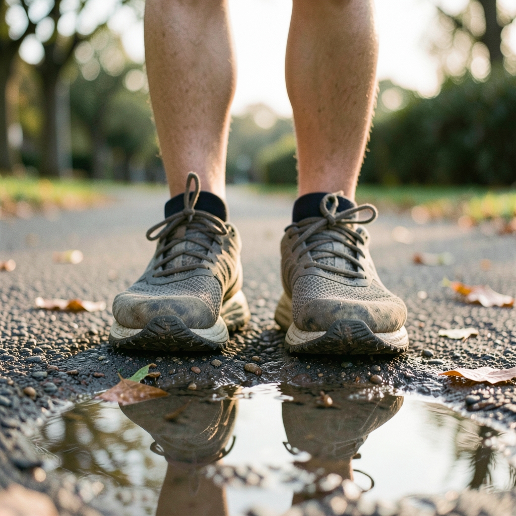 Close-up of a runner's feet in running shoes on a damp park path at sunrise, with soft light and a blurred green background.