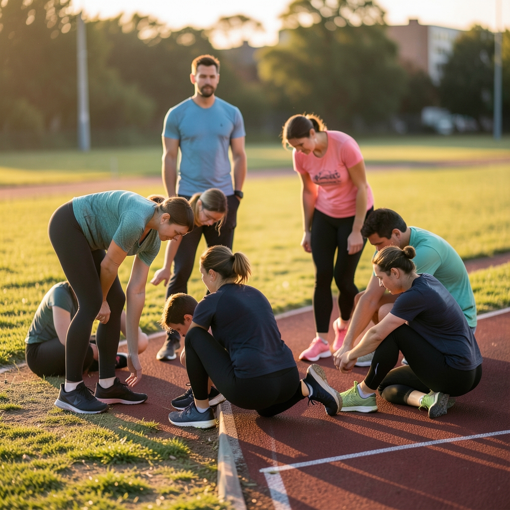 Several adults stretching beside a running track in the evening