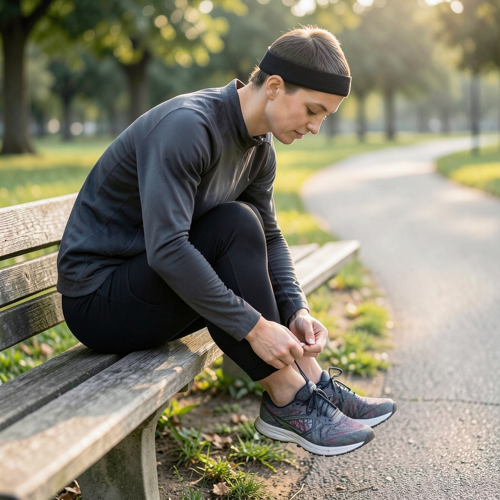 A runner tying running shoe laces on a park bench at sunrise, with a tree-lined path behind.