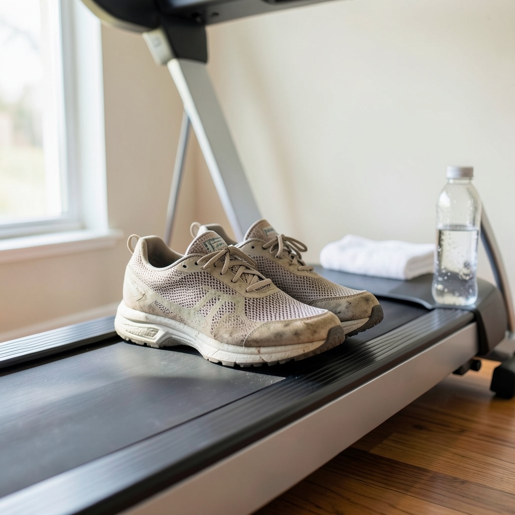 Pair of breathable mesh running shoes on a treadmill belt in a bright living room with soft window light and a water bottle nearby.